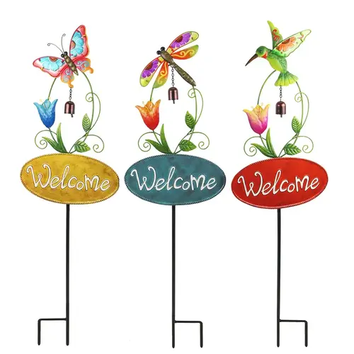 Outdoor Garden Stake Assorted Iron 42" H Welcome with Bell Assorted