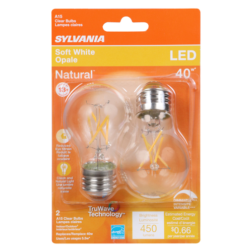 Sylvania 40761 Natural LED Bulb, General Purpose, A15 Lamp, 40 W Equivalent, E26 Lamp Base, Dimmable, Clear - pack of 2