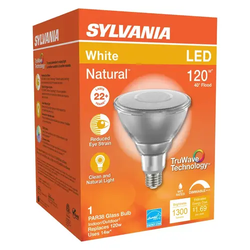 Sylvania 40905 Natural LED Bulb, Spotlight, PAR38 Lamp, E26 Lamp Base, Dimmable, Clear, Cool White Light Glass