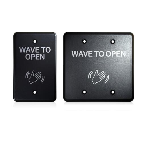 BEA 10MS08U "WAVE TO OPEN" MICROWAVE MOTION SENSOR KIT. TOUCHLESS PUSH PLATE INCLUDES BLACK SINGLE & DOUBLE GANG FACE PLATES W/TEXT & ART WORK. FOR USE IN STERILE ENVIRONMENTS