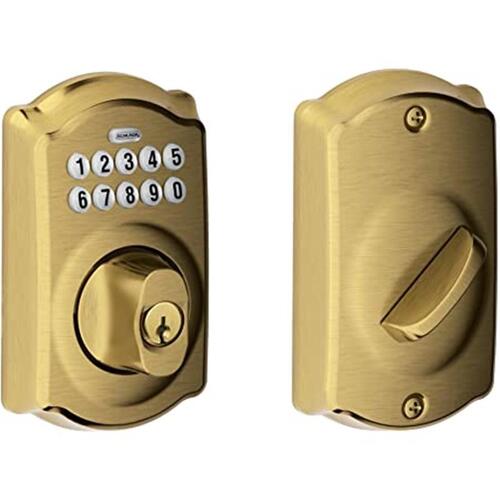 Schlage Residential BE365 CAM 609 Camelot Electronic Keypad Deadbolt C Keyway with 12287 Latch and 10116 Strike Antique Brass Finish