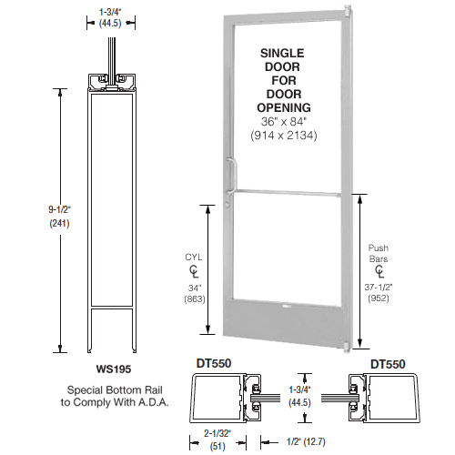 CRL-U.S. Aluminum CD21211L036 Clear Anodized 250 Series Narrow Stile (RHR) HRSO Single 3'0 x 7'0 Offset Hung with Pivots for Surface Mount Closer Complete ADA Door, Lock Indicator, Cylinder Guard for 1/4" Glazing