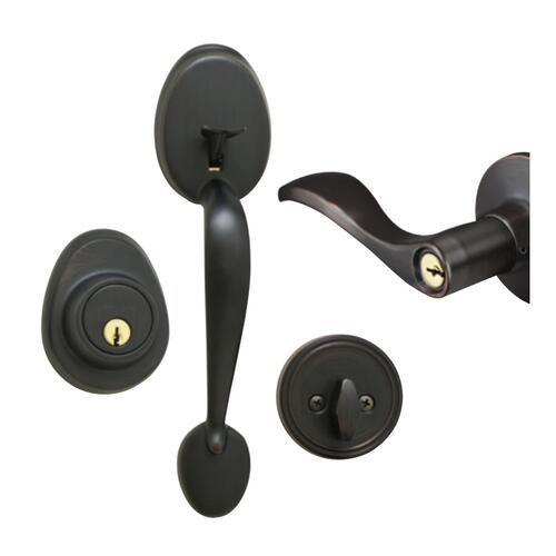 Handleset and Deadbolt, RH Wave Lever, Kwikset Keyway, Aged Bronze