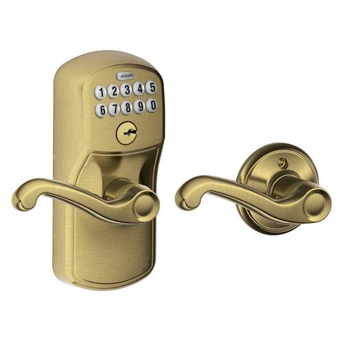 Residential Keypad Entry Lock with Auto Lock, Storeroom Function, Plymouth Trim, Flair Lever, Antique Brass