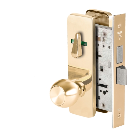 Grade 1 Privacy Mortise Lock, Visual Thumbturn Indicator, 4 Knob, J Escutcheon, Non-Keyed, Bright Brass Finish, Field Reversible Bright Brass