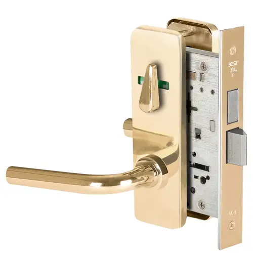 Grade 1 Privacy Mortise Lock, Visual Thumbturn Indicator, 12 Lever, J Escutcheon, Non-Keyed, Bright Brass Finish, Field Reversible Bright Brass