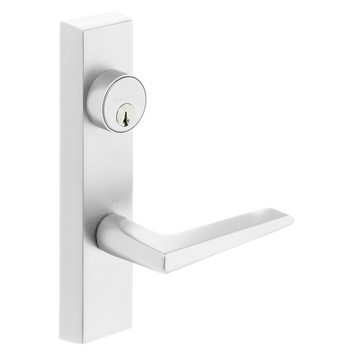 Grade 1 Exit Device Trim, Storeroom Function, Key Unlocks Trim, Trim Retracts Latch/Trim Relocks when Key is Removed, For Surface Vertical Rod and Mortise (8700, 8900 Series) Devices, 1-1/8 In. Mortise Cylinder, F Lever, LHR, White Suede Powder Coat White Suede Powder Coat