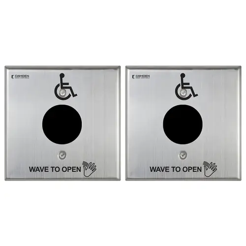 SureWave CM-331 Series Touchless Switch Kit, Contains (2) CM-331/42SW-SGLR 1" to 28" Range, 1 Relay, Double Gang Stainless Steel Hand Icon/'Wave to Open' Text/Wheelchair Symbol Faceplate, Includes 1 Tri-Color Light Ring, (2) CM-TX99 Transmitters, (2) CM-43CBLA Surface Boxes, (1) CM-RX-90 Relay Receiver, Stainless Steel Finish Applied