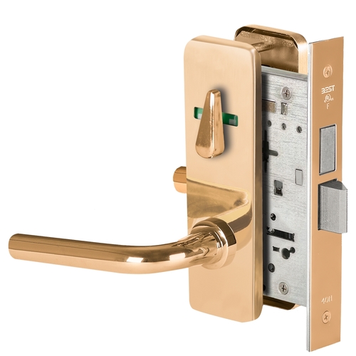 Grade 1 Dormitory Mortise Lock, Double Visual Indicator, 12 Lever, J Escutcheon, SFIC Housing Less Core, Bright Bronze Finish, Field Reversible Bright Bronze