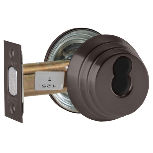 Grade 2 Single Cylinder Deadlock, Red/Green "Unlocked/Locked" Indicator Inside, SFIC Prep Less Core, Dark Oxidized Satin Bronze Oil Rubbed Finish, Field Reversible Dark Oxidized Satin Bronze Oil Rubbed