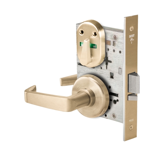 Grade 1 Office Mortise Lock, Double Visual Indicator, 15 Lever, H Rose, SFIC Housing Less Core, Satin Brass Finish, Field Reversible Satin Brass