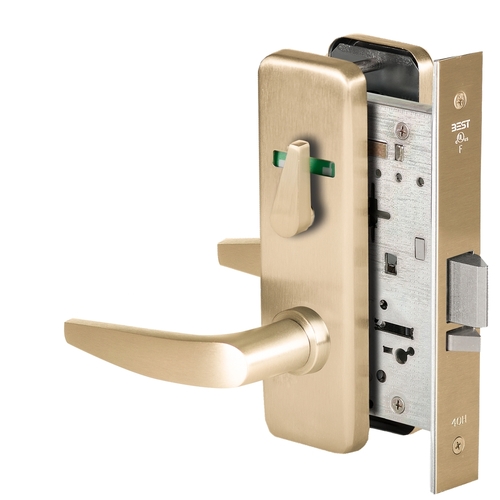 Grade 1 Office Mortise Lock, Visual Thumbturn Indicator, 16 Lever, J Escutcheon, SFIC Housing Less Core, Satin Brass Finish, Field Reversible Satin Brass