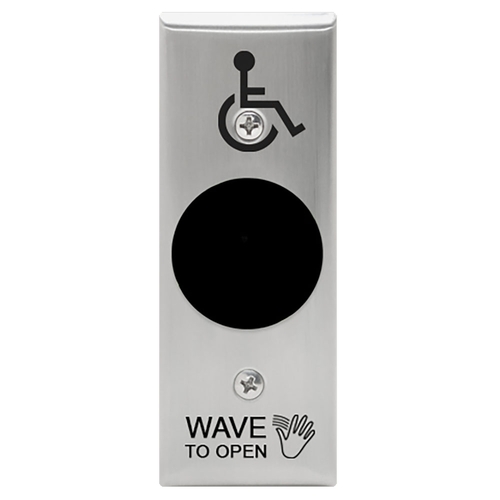 SureWave CM-331 Series Touchless Switch, 1" to 28" Range, 1 Relay, Narrow Stainless Steel Hand Icon/'Wave to Open' Text/Wheelchair Symbol Faceplate, Stainless Steel Finish Applied