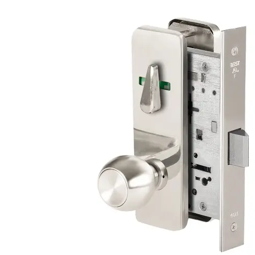 Grade 1 Privacy Mortise Lock, Double Visual Indicator, 4 Knob, J Escutcheon, Non-Keyed, Bright Stainless Steel Finish, Field Reversible Bright Stainless Steel