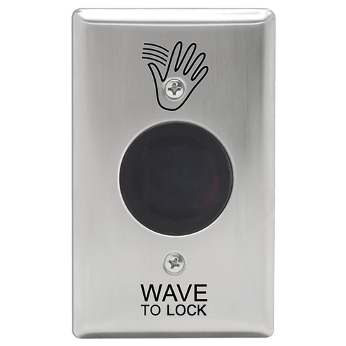 Camden CM-331/43S SureWave CM-331 Series Touchless Switch, 1" to 28" Range, 1 Relay, Single Gang Stainless Steel Hand Icon/'Wave to Lock' Text Faceplate, Stainless Steel Finish Applied
