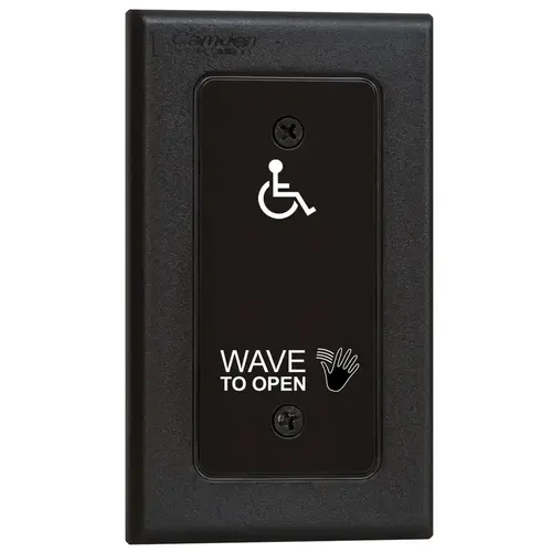 SureWave CM-333 Series Touchless Switch, 1" to 12" Range, 1 Relay, Narrow Hand Icon/'Wave to Open' Text/Wheelchair Symbol Faceplate, Includes 2 'AA' Lithium Batteries, Black Finish Applied