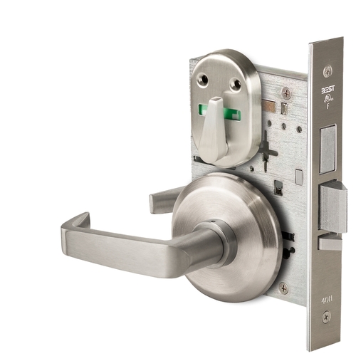 Grade 1 Dormitory Mortise Lock, Visual Thumbturn Indicator, 15 Lever, S Rose, SFIC Housing Less Core, Satin Nickel Finish, Field Reversible Satin Nickel