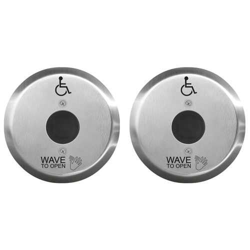 SureWave CM-331 Series Touchless Switch Kit, Contains (2) CM-331/42R-SGLR 1" to 28" Range, 1 Relay, Round 6" Stainless Steel Hand Icon/'Wave to Open' Text/Wheelchair Symbol Faceplate, Includes 1 Tri-Color Light Ring, (2) CM-TX99 Transmitters, (2) CM-79A In-Wall Boxes, (1) CM-RX-90 Relay Receiver, Black Finish Applied