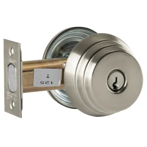 Grade 2 Single Cylinder Deadlock, Red/Green "Unlocked/Locked" Indicator Inside, Conventional Cylinder, Satin Nickel Plated Clear Coated Finish, Field Reversible Satin Nickel Plated Clear Coated