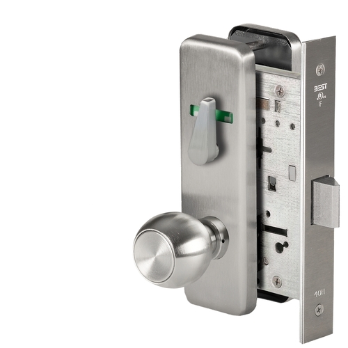 Grade 1 Privacy Mortise Lock, Double Visual Indicator, 4 Knob, J Escutcheon, Non-Keyed, Satin Chrome Finish, Field Reversible Satin Chrome