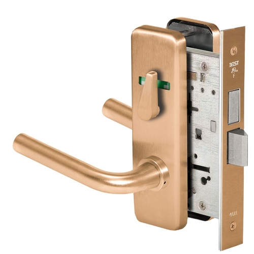 Grade 1 Privacy Mortise Lock, Double Visual Indicator, 12 Lever, J Escutcheon, Non-Keyed, Satin Bronze Finish, Field Reversible Satin Bronze