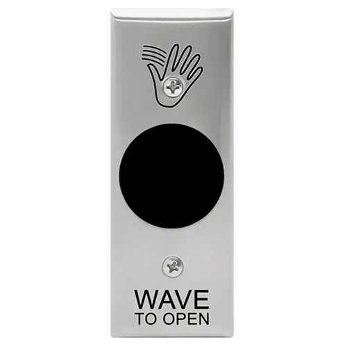 SureWave CM-333 Series Touchless Switch, 1" to 12" Range, 1 Relay, Narrow Stainless Steel Hand Icon/'Wave to Open' Text Faceplate, Includes 2 'AA' Alkaline Batteries, Stainless Steel Finish Applied