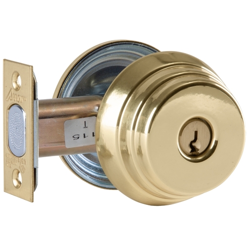 Grade 2 Single Cylinder Deadlock, Red/White "Unlocked/Locked" Indicator Inside, Conventional Cylinder, Bright Brass Finish, Schlage C Keyway, Field Reversible Bright Brass