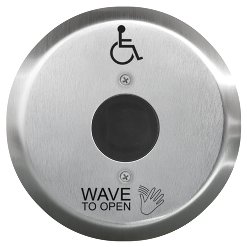 SureWave CM-333 Series Touchless Switch, 1" to 12" Range, 1 Relay, Round 6" Stainless Steel Hand Icon/'Wave to Open' Text/Wheelchair Symbol Faceplate, Includes 2 'AA' Alkaline Batteries, Black Finish Applied