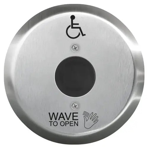 SureWave CM-331 Series Touchless Switch, 1" to 28" Range, 1 Relay, Round 6" Stainless Steel Hand Icon/'Wave to Open' Text/Wheelchair Symbol Faceplate, Black Finish Applied