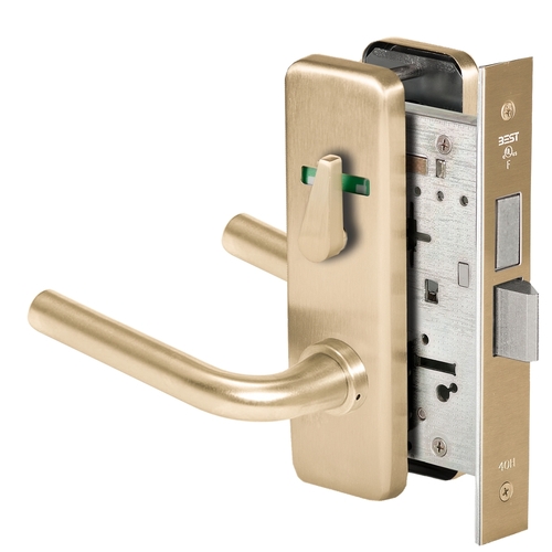 Grade 1 Privacy Mortise Lock, Double Visual Indicator, 12 Lever, J Escutcheon, Non-Keyed, Satin Brass Finish, Field Reversible Satin Brass