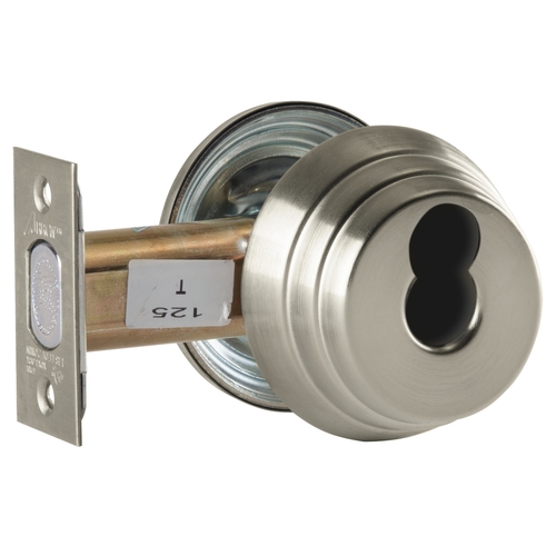 Grade 2 Single Cylinder Deadlock, Red/White "Unlocked/Locked" Indicator Inside, SFIC Prep Less Core, Satin Nickel Plated Clear Coated Finish, Field Reversible Satin Nickel Plated Clear Coated