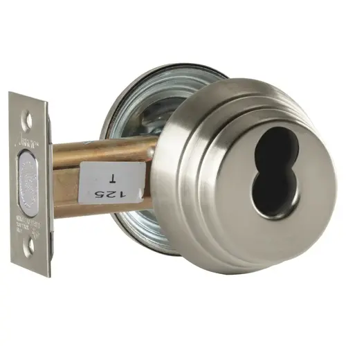 Grade 2 Single Cylinder Deadlock, Red/Green "Unlocked/Locked" Indicator Inside, SFIC Prep Less Core, Satin Nickel Plated Clear Coated Finish, Field Reversible Satin Nickel Plated Clear Coated