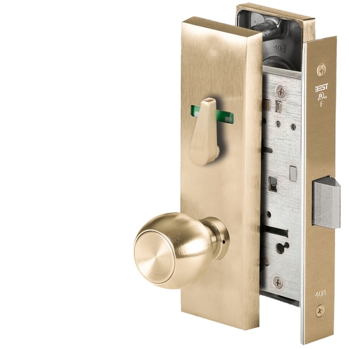 Grade 1 Privacy Mortise Lock, Visual Thumbturn Indicator, 4 Knob, M Escutcheon, Non-Keyed, Satin Brass Finish, Field Reversible Satin Brass