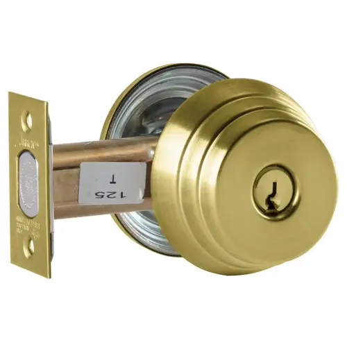 Grade 2 Single Cylinder Deadlock, Red/Green "Unlocked/Locked" Indicator Inside, Conventional Cylinder, Satin Brass Finish, Schlage C Keyway, Field Reversible Satin Brass