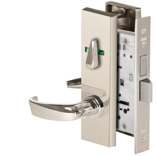 Grade 1 Dormitory Mortise Lock, Visual Thumbturn Indicator, 14 Lever, M Escutcheon, SFIC Housing Less Core, Bright Nickel Finish, Field Reversible Bright Nickel