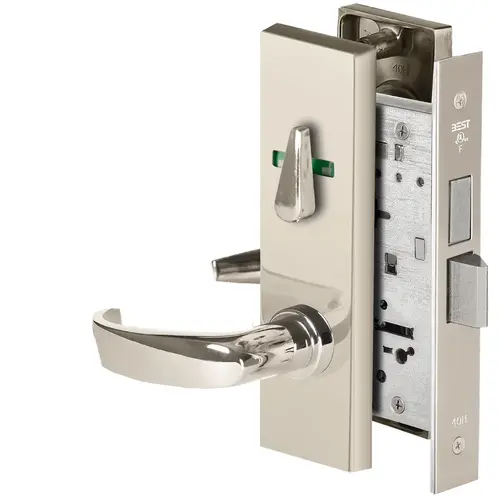 Grade 1 Privacy Mortise Lock, Visual Thumbturn Indicator, 14 Lever, M Escutcheon, Non-Keyed, Bright Nickel Finish, Field Reversible Bright Nickel