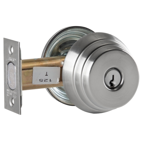 Grade 2 Single Cylinder Deadlock, Red/White "Unlocked/Locked" Indicator Inside, Conventional Cylinder, Satin Chrome Finish, Schlage C Keyway, Field Reversible Satin Chrome