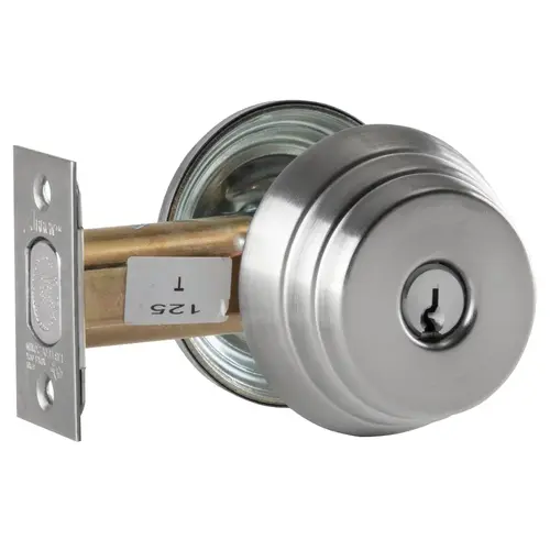 Grade 2 Single Cylinder Deadlock, Red/Green "Unlocked/Locked" Indicator Inside, Conventional Cylinder, Satin Chrome Finish, Schlage C Keyway, Field Reversible Satin Chrome