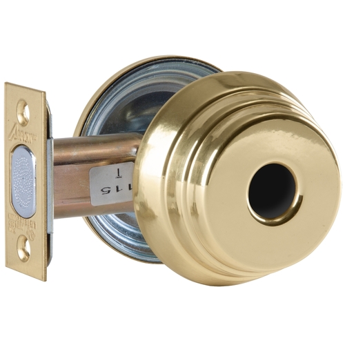 Grade 2 Single Cylinder Deadlock, Red/White "Unlocked/Locked" Indicator Inside, Less Cylinder, Bright Brass Finish, Field Reversible Bright Brass