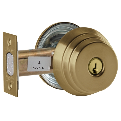 Grade 2 Single Cylinder Deadlock, Red/Green "Unlocked/Locked" Indicator Inside, Conventional Cylinder, Satin Brass Blackened Satin Relieved Clear Coated Finish, Field Reversible Satin Brass Blackened Satin Relieved Clear Coated