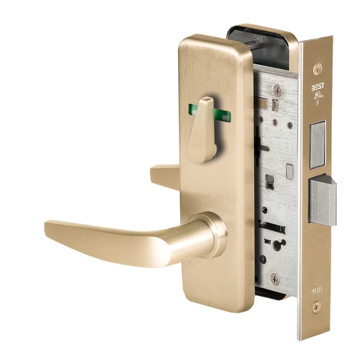 Grade 1 Privacy Mortise Lock, Double Visual Indicator, 16 Lever, J Escutcheon, Non-Keyed, Satin Brass Finish, Field Reversible Satin Brass