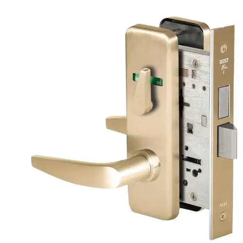 Grade 1 Dormitory Mortise Lock, Visual Thumbturn Indicator, 16 Lever, J Escutcheon, SFIC Housing Less Core, Satin Brass Finish, Field Reversible Satin Brass