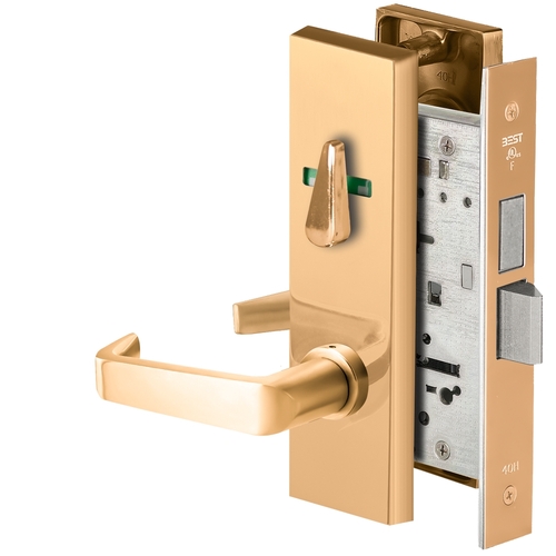 Grade 1 Dormitory Mortise Lock, Visual Thumbturn Indicator, 15 Lever, M Escutcheon, SFIC Housing Less Core, Bright Bronze Finish, Field Reversible Bright Bronze