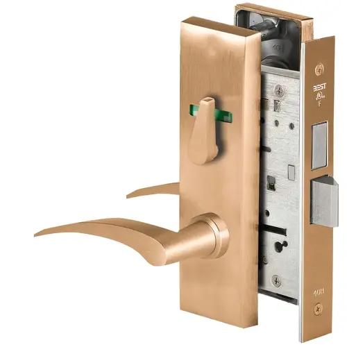 Grade 1 Privacy Mortise Lock, Visual Thumbturn Indicator, 17R Lever, M Escutcheon, Non-Keyed, Satin Bronze Finish, Field Reversible Satin Bronze