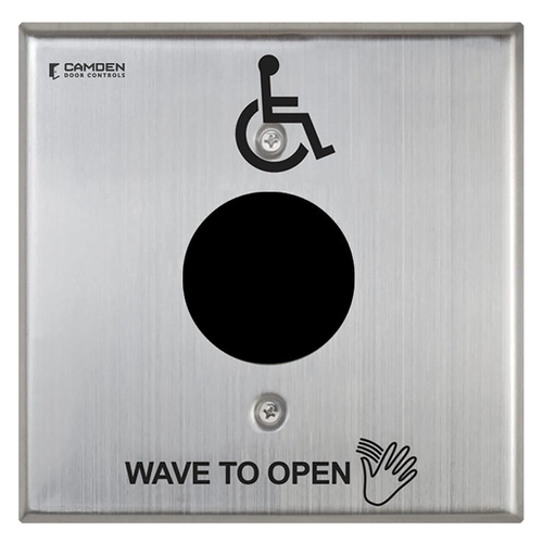 SureWave CM-330 Series Touchless Switch, 1" to 12" Range, Built-In Lazerpoint Wireless Transmitter, Double Gang Stainless Steel Hand Icon/'Wave to Open' Text/Wheelchair Symbol Faceplate, Includes 2 'AA' Alkaline Batteries, Stainless Steel Finish Applied