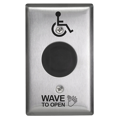 SureWave CM-331 Series Touchless Switch, 1" to 28" Range, 1 Relay, Single Gang Stainless Steel Hand Icon/'Wave to Open' Text/Wheelchair Symbol Faceplate, Stainless Steel Finish Applied