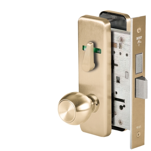 Grade 1 Dormitory Mortise Lock, Double Visual Indicator, 4 Knob, J Escutcheon, SFIC Housing Less Core, Satin Brass Finish, Field Reversible Satin Brass