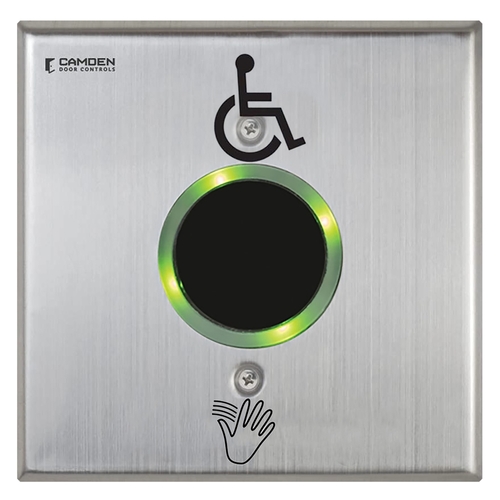 Camden CM-331/44SW-SGLR SureWave CM-331 Series Touchless Switch, 1" to 28" Range, 1 Relay, Double Gang Stainless Steel Hand Icon/Wheelchair Symbol Faceplate, Includes 1 Tri-Color Light Ring, Stainless Steel Finish Applied