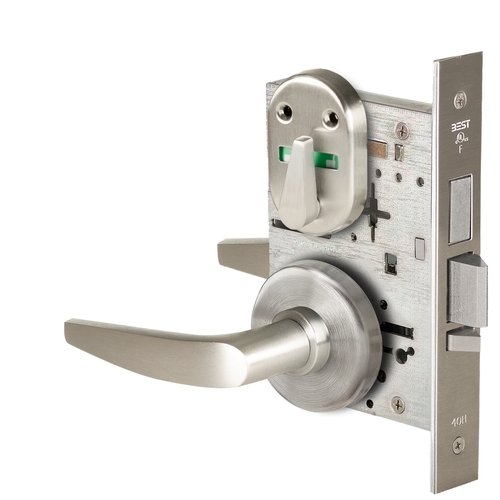 Grade 1 Dormitory Mortise Lock, Visual Thumbturn Indicator, 16 Lever, H Rose, SFIC Housing Less Core, Satin Nickel Finish, Field Reversible Satin Nickel