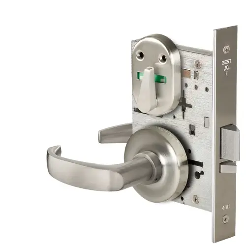 Grade 1 Office Mortise Lock, Double Visual Indicator, 14 Lever, R Rose, SFIC Housing Less Core, Satin Nickel Finish, Field Reversible Satin Nickel